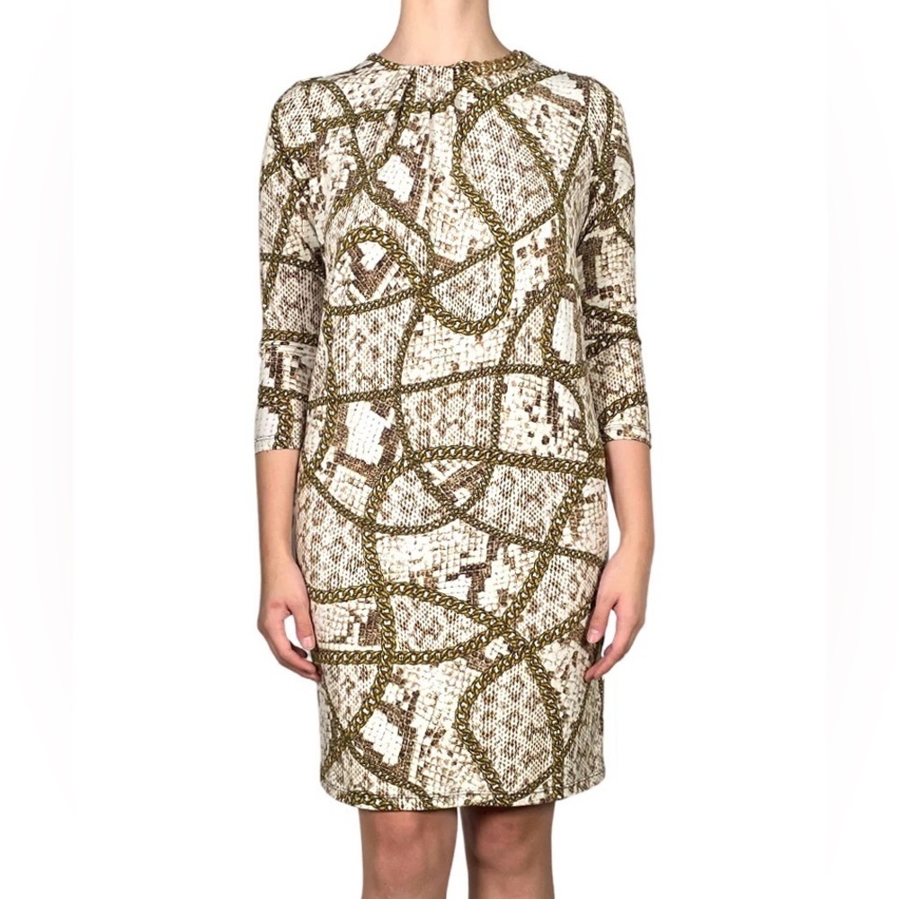 Michael Kors Brown and Cream Patterned Dress with Gold Embellishment (S)